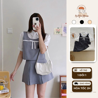 Set Sơ Mi Nữ Tay Ngắn Kèm Chân Váy Xếp Ly Phối Nơ ANNA HOUSE set áo sơ mi gile nữ phong cách Hàn Quốc