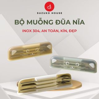  Bộ đựng thìa dĩa MÈO GẤU SUZUKO HOUSE Bộ đồ ăn muỗng đũa nĩa cute inox đẹp nắp đậy kín đi học làm TM23 