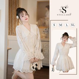  Váy trắng tiểu thư STELLARA thanh lịch tay dài phồng  Váy thiết kế dáng ngắn xoè cổ điển LIRA DRESS 