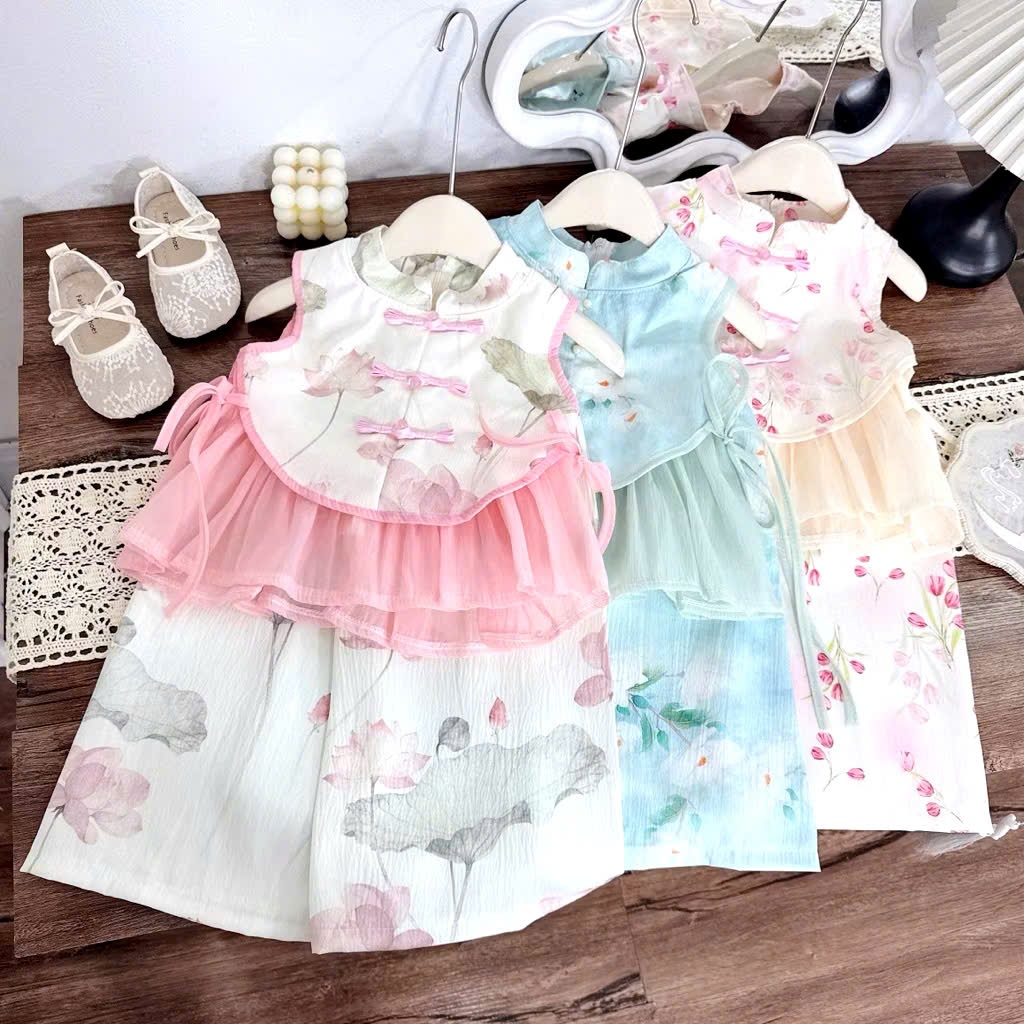 set yếm bé gái kikibaby 10-30kg,yếm bé gái áo yếm + quần chất tơ lụa