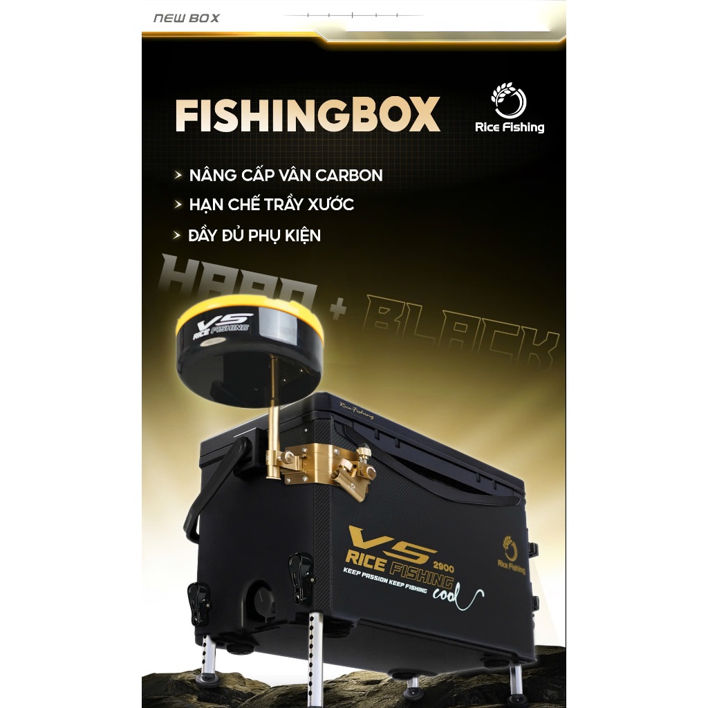 Thùng Câu Đài V5 Rice Fishing Đại Lý Phiên Bản Full Vân Cacbon Dung Tích 29L