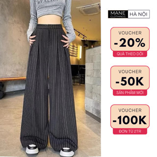  Quần Dài Ống Rộng Kẻ Sọc Vải Gold Hàn Mềm Mại Lưng Cao Phối Chun Sau Tôn Dáng 