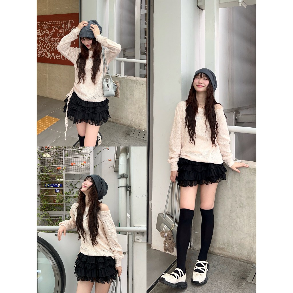 Chân váy nữ MONÁ nhún bèo nhiều tầng vải kate phối ren hoạ tiết thêu hoa - SORA SKIRT | BigBuy360 - bigbuy360.vn
