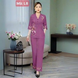 Đồ Bộ Nữ Trung Niên Mặc Đi Chơi Đi Chùa Sang Trọng, Cổ Chui, Tay Lửng, Quần Có Túi Sâu, Đủ Size