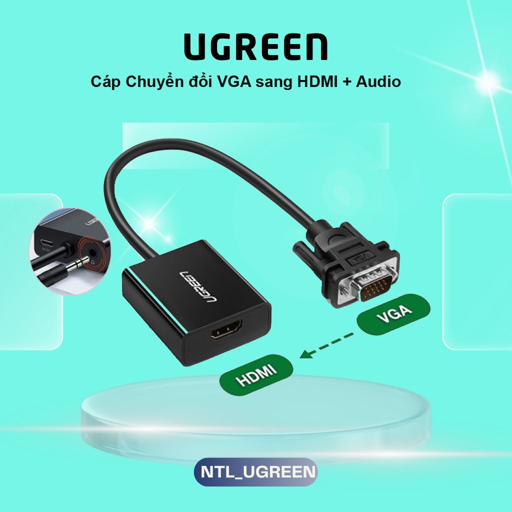 Cáp Chuyển VGA to HDMI Ugreen 50945 CM513 VGA to HDMI Tích Hợp Cổng Âm Thanh 3.5mm Chính Hãng