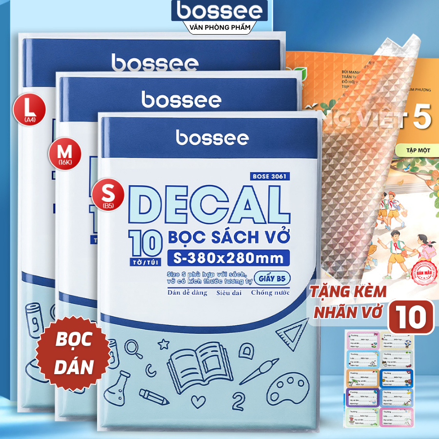  Combo 10 Bọc Sách Vở Học Sinh TẶNG 10 Nhãn Vở - Decal Trong Suốt Kim Cương Tự Dán Chống Nước Bụi Bẩn - 3 Kích Thước 