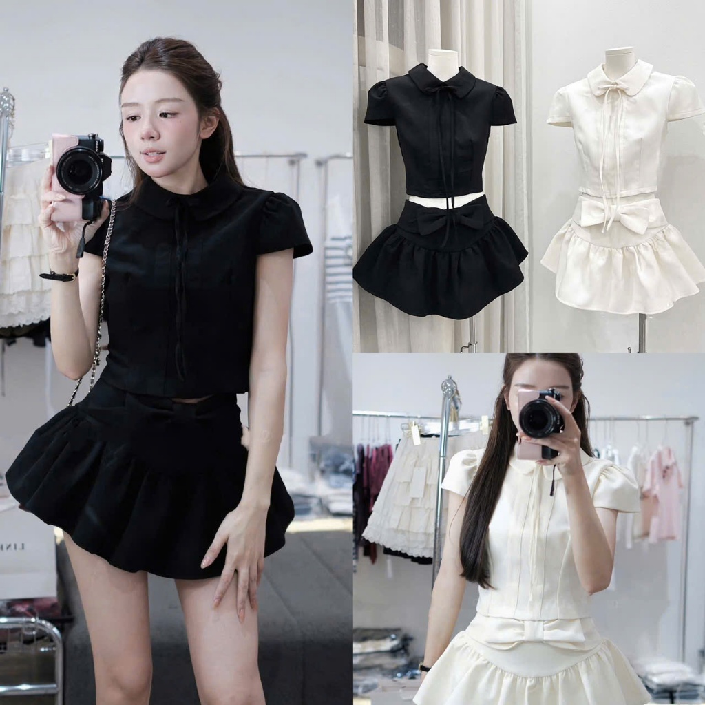 Set Áo Croptop Cổ Sen Đính Nơ 2 Màu Phối Chân Váy Xoè Ngắn Thiết Kế Nơ Bản To Thanh Lịch , Tao Nhã -