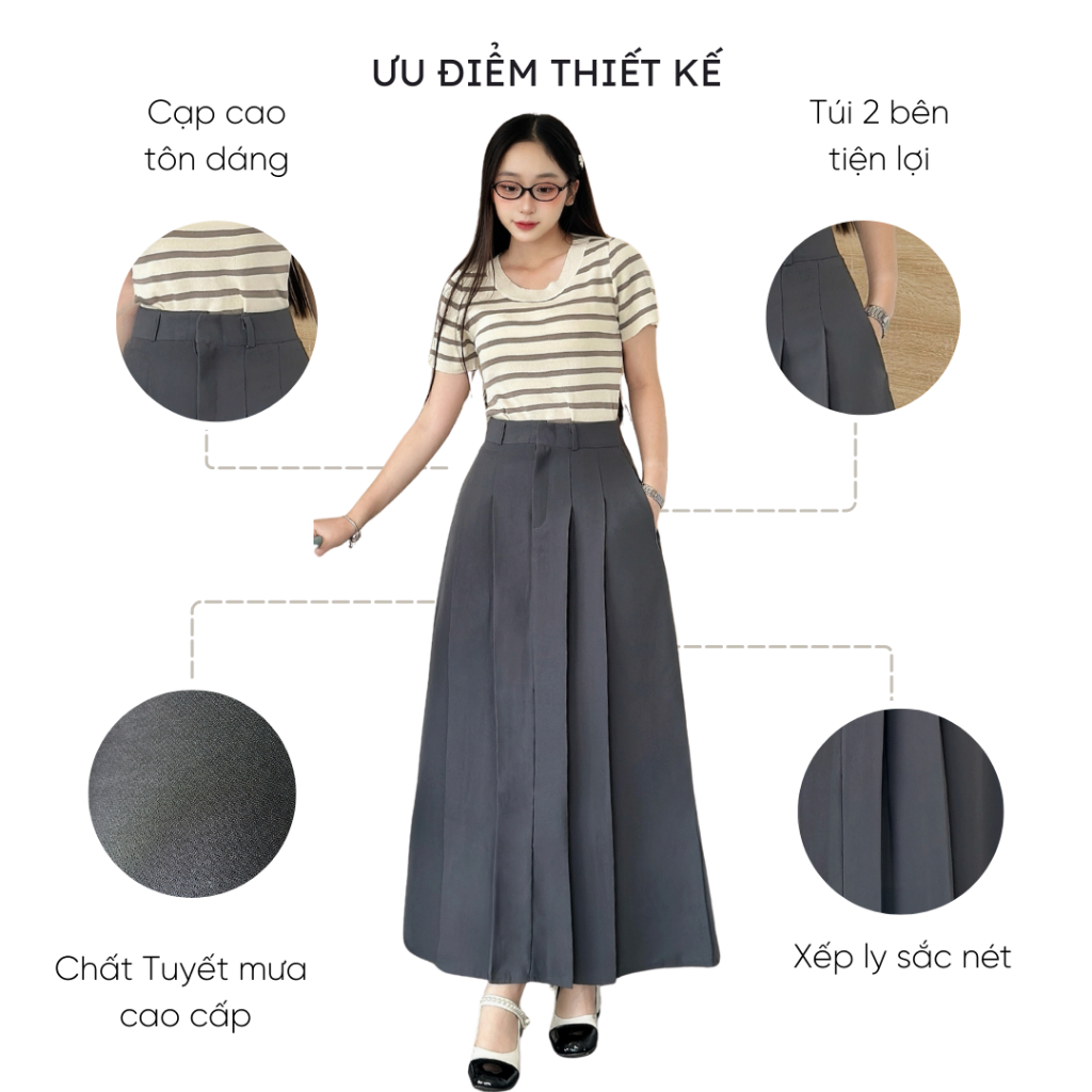 Chân váy xếp ly dáng dài Mely Fashion dài qua gối 90cm xòe chữ A có túi cạp cao chiết eo tôn dáng che bụng bigsize CV103 | BigBuy360 - bigbuy360.vn