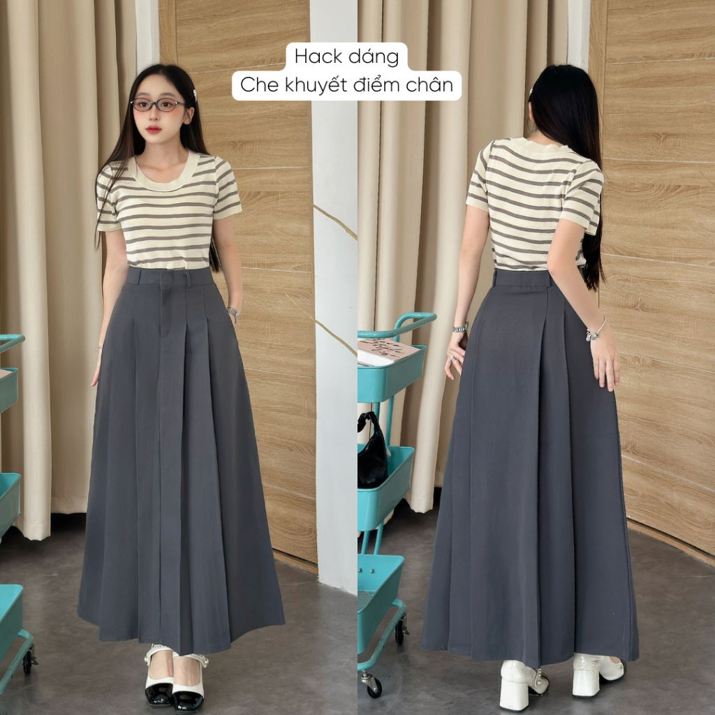 Chân váy xếp ly dáng dài Mely Fashion dài qua gối 90cm xòe chữ A có túi cạp cao chiết eo tôn dáng che bụng bigsize CV103 | BigBuy360 - bigbuy360.vn