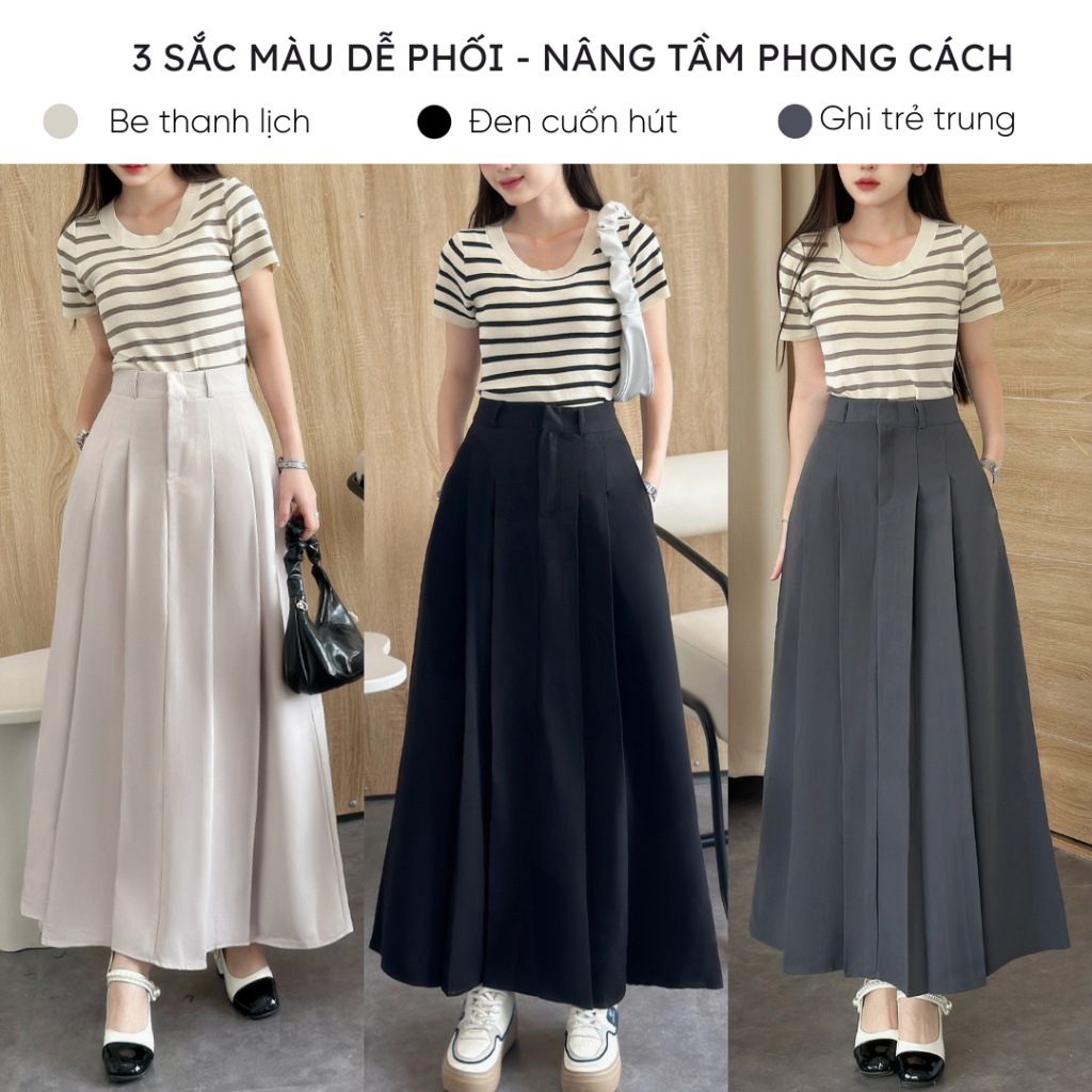 Chân váy xếp ly dáng dài Mely Fashion dài qua gối 90cm xòe chữ A có túi cạp cao chiết eo tôn dáng che bụng bigsize CV103 | BigBuy360 - bigbuy360.vn