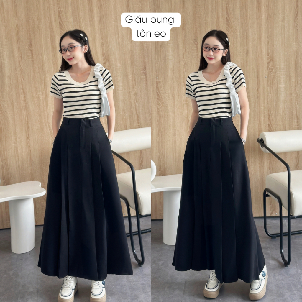 Chân váy xếp ly dáng dài Mely Fashion dài qua gối 90cm xòe chữ A có túi cạp cao chiết eo tôn dáng che bụng bigsize CV103 | BigBuy360 - bigbuy360.vn