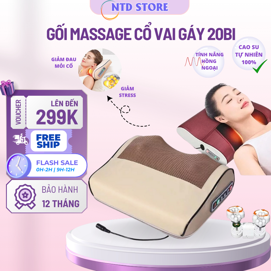 Gối Massage Cổ Vai Gáy Hồng Ngoại - Gối Massage Hồng Ngoại 20 Bi Cao Cấp Thế Hệ Mới