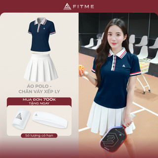  Bộ đồ Pickleball cầu lông tennis nữ Fitme CE áo thun Polo Navy sọc đỏ chân váy xếp ly trắng kèm quần bảo hộ 