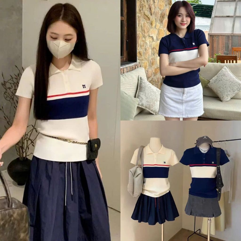 Áo Len Polo Thêu Chữ M Hoạ Tiết Kẻ Ngang Cộc Tay, Labibi