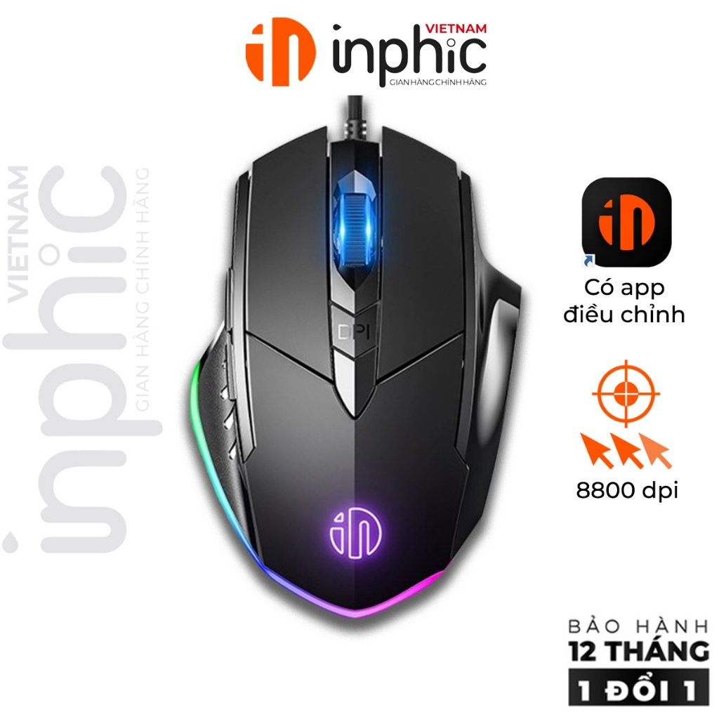 Chuột máy tính có dây INPHIC P1W gaming macro combo DPI 7200  silent chống ồn chơi game chỉ một nút