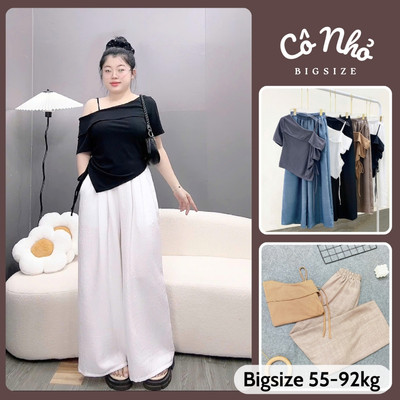Set Áo Váy Bigsize Nữ Áo Thun Lệch Vai Vạt & Quần Suông Đũi Vân Mây Ống Rộng 55-92Kg (G213+Q564)
