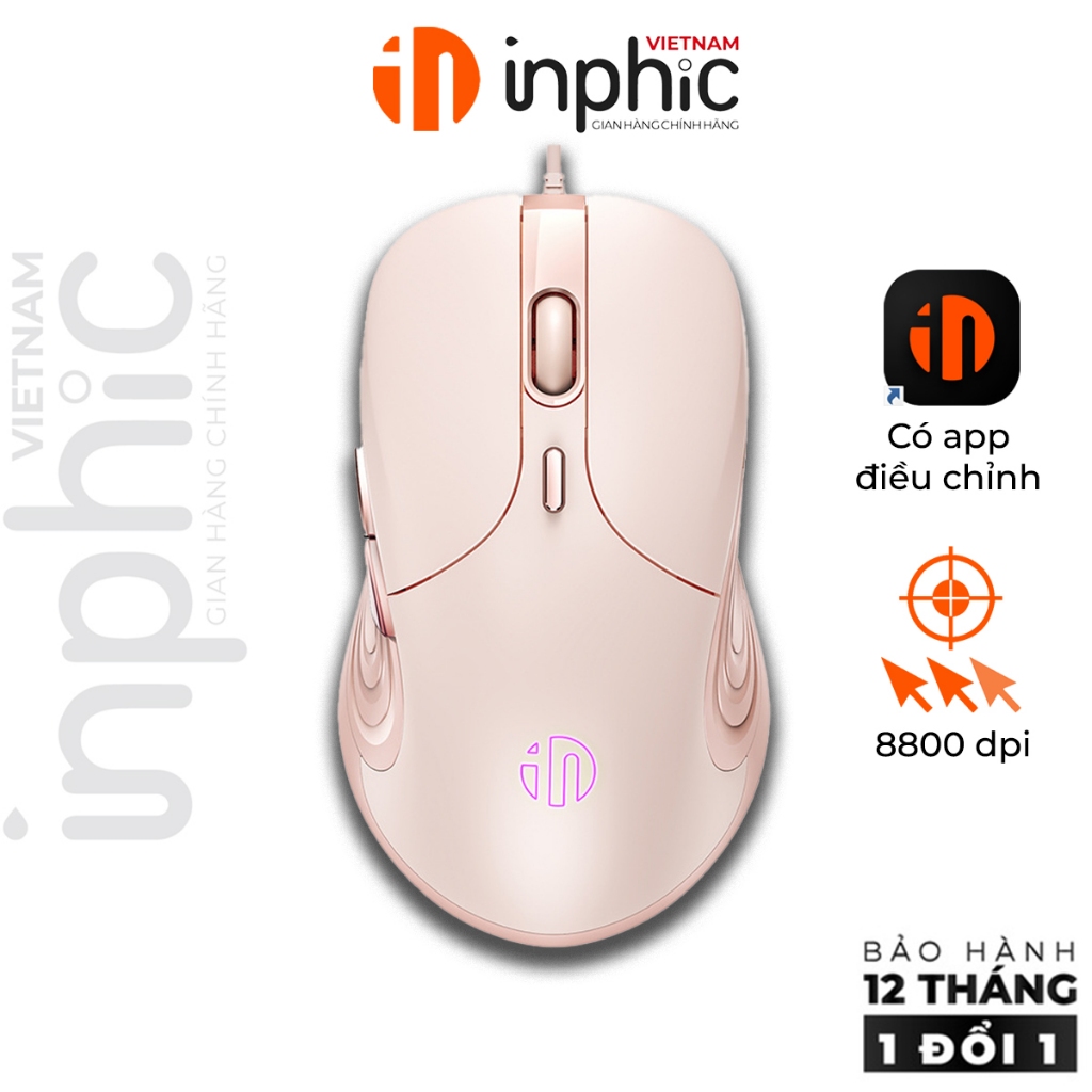 Chuột gaming có dây INPHIC B8 chơi game văn phòng macro các tựa game fps và moba mượt mà bản màu hồng nữ tính