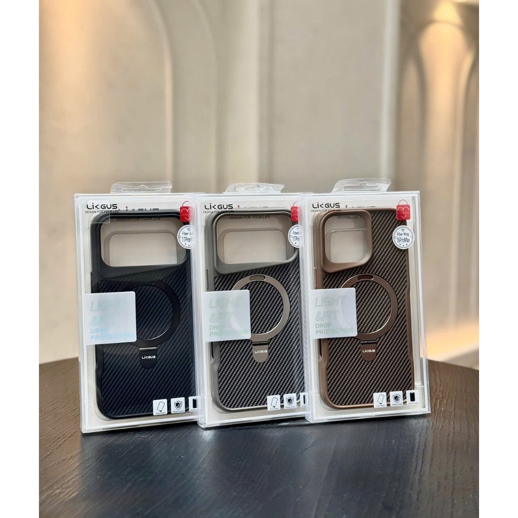 iPhone 17 Pro Max/ Pro - Ốp Lưng Likgus Carbon Fiber Kèm Giá Đỡ Tiện Lợi Hỗ Trợ Sạc Không Dây Sang T