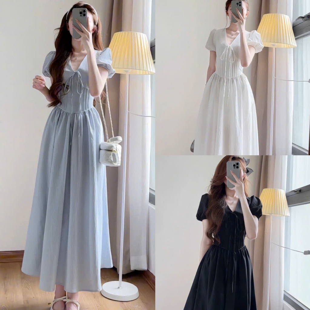 (3 Màu): Váy Cổ V Dáng Dài Tay Phồng Thắt Nơ Phong Cách Tiểu Thư Hàn Quốc Đi Chơi , Váy Tiệc- Ảnh Th