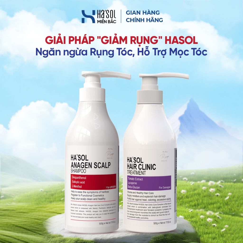 Giái Pháp "GIẢM RỤNG" HASOL Ngăn Rụng, Kích Mọc Tóc - Dầu Gội Đỏ Ha'sol Anagen Scalp +Kem Ủ Ha'sol H