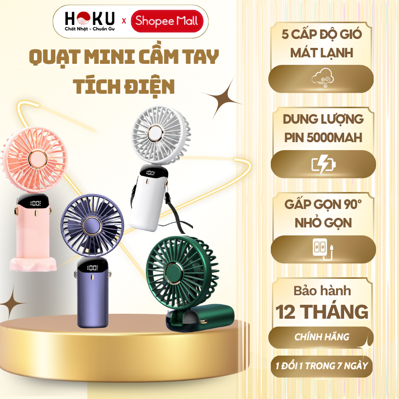 Quạt Mini Cầm Tay Tích Điện Gấp Gọn Jiashi Deladep 5 Tốc Độ Gió Xoay Linh Hoạt 90 Độ Có Dây Đeo Pin Lớn 10.000Mah Qmn11