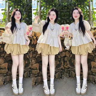  Set váy nữ áo kiểu tay phồng ngắn dáng babydoll xòe nơ dây chất lụa phối chân váy bí có quần chất mango dễ thương 