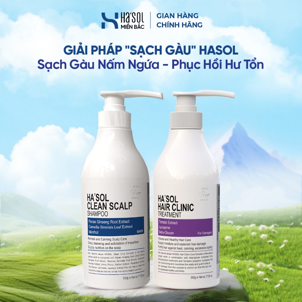 Giải Pháp "SẠCH GÀU" HASOL Giảm Nấm Ngứa - Dầu Gội Xanh Ha'sol Clean Scalp 500g +Kem ủ Ha'sol Hair C