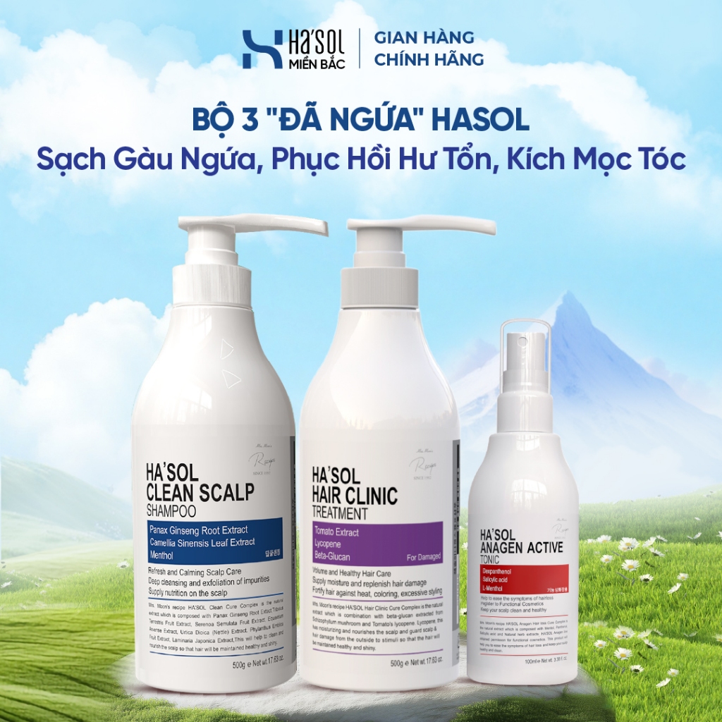 Bộ 3 "ĐÃ NGỨA" HASOL - Sạch Gàu Giảm Ngứa, Phục Hồi Hư Tổn, Kích Mọc Tóc (Dầu Gội Xanh + Kem Ủ Tóc +
