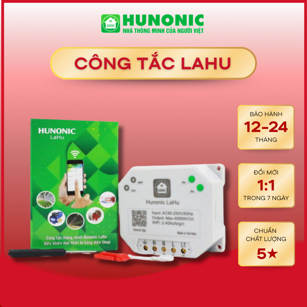 Công Tắc Wifi Hunonic Lahu 04 RTC – Công Tắc Thông Minh Hẹn Giờ Không Cần Internet, Điều Khiển Từ Xa
