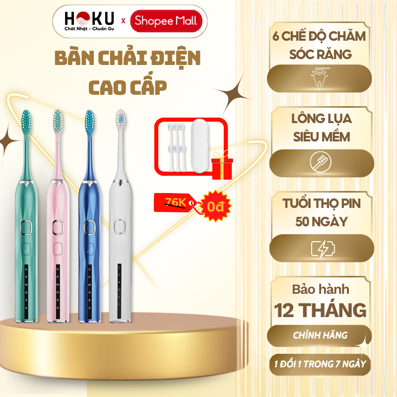Bàn Chải Điện Đánh Răng Cao Cấp HOKU 5 Tốc Độ, Nâng Cấp Mạnh Mẽ Hơn, Pin 1200MAH Chống Thấm - BCD07