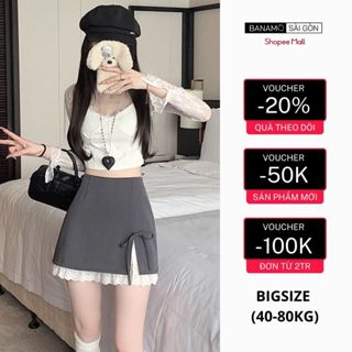  Chân váy nữ BIGSIZE Banamo Sài Gòn váy ngắn chữ A xẻ đính nơ viền ren trắng xinh xắn tiểu thư phong cách Hàn Quốc 5901 