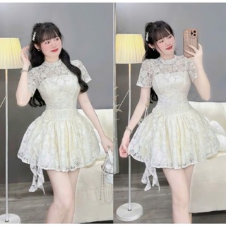  Đầm nữ kiểu cổ tròn tay ngắn chất ren ôm eo tà đầm ngắn xòe có 2 dây tua rua kèm quần rời xinh xăn tiểu thư mặc đi chơi 