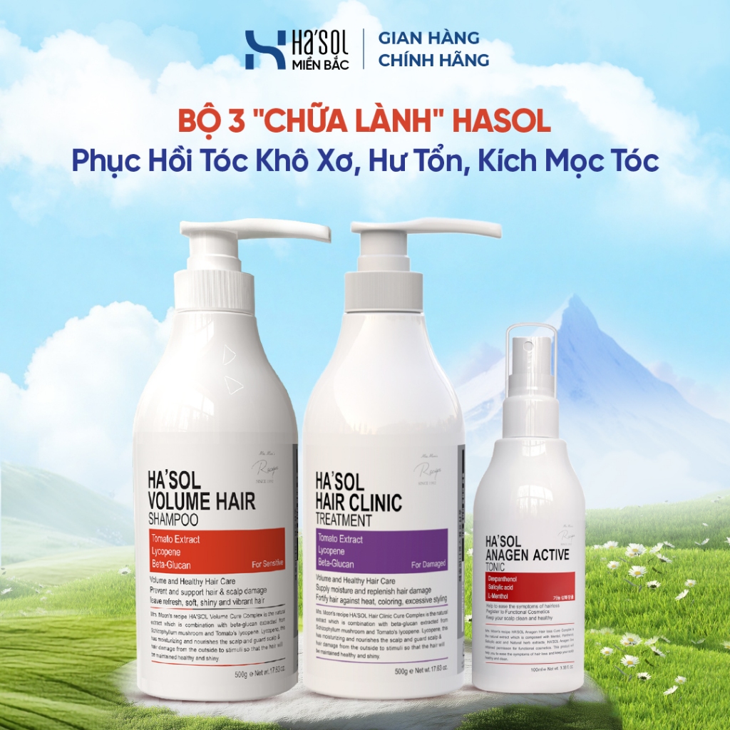 Bộ 3 "CHỮA LÀNH" HASOL- Phục Hồi Tóc Khô Xơ Hư Tổn, Kích Mọc Dưỡng Tóc Chắc Khoẻ (Dầu Gội Cam + Kem 