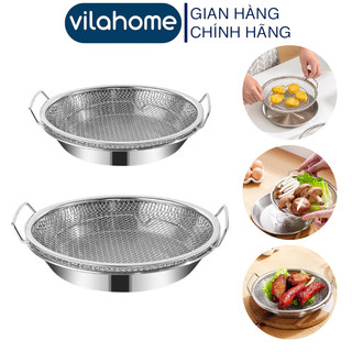  Bộ Khay Kèm Vỉ Lưới Inox Vilahome Size Tròn 20-24cm Đựng Ráo Dầu Thức Ăn Chiên Rán 