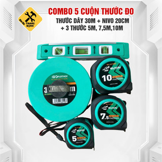Combo 5 cuộn thước đo, thước dây - có 1 thước dây 30m +1 thước thủy nivo 200mm+ 1 thước 5M + 1 thước 7,5m + 1 thước 10m