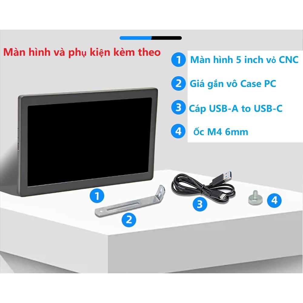Màn hình 5 inch vỏ nhôm CNC kết nối USB dùng cho Win 10,11( Cài Driver)