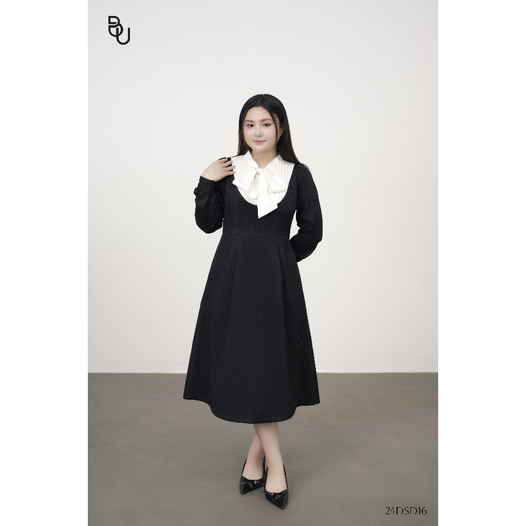 Đầm xòe dáng dài buộc nơ phối cổ trắng BIGSIZE (55kg đến 95kg) – 24DSD16 - [BUstu Bigsize]