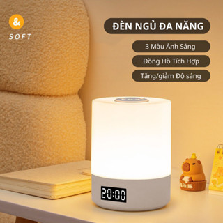 Đèn ngủ để bàn tích điện cảm ứng đa năng 3 màu ánh áng, đèn ngủ led tích hợp đồng hồ trang trí phòng ngủ
