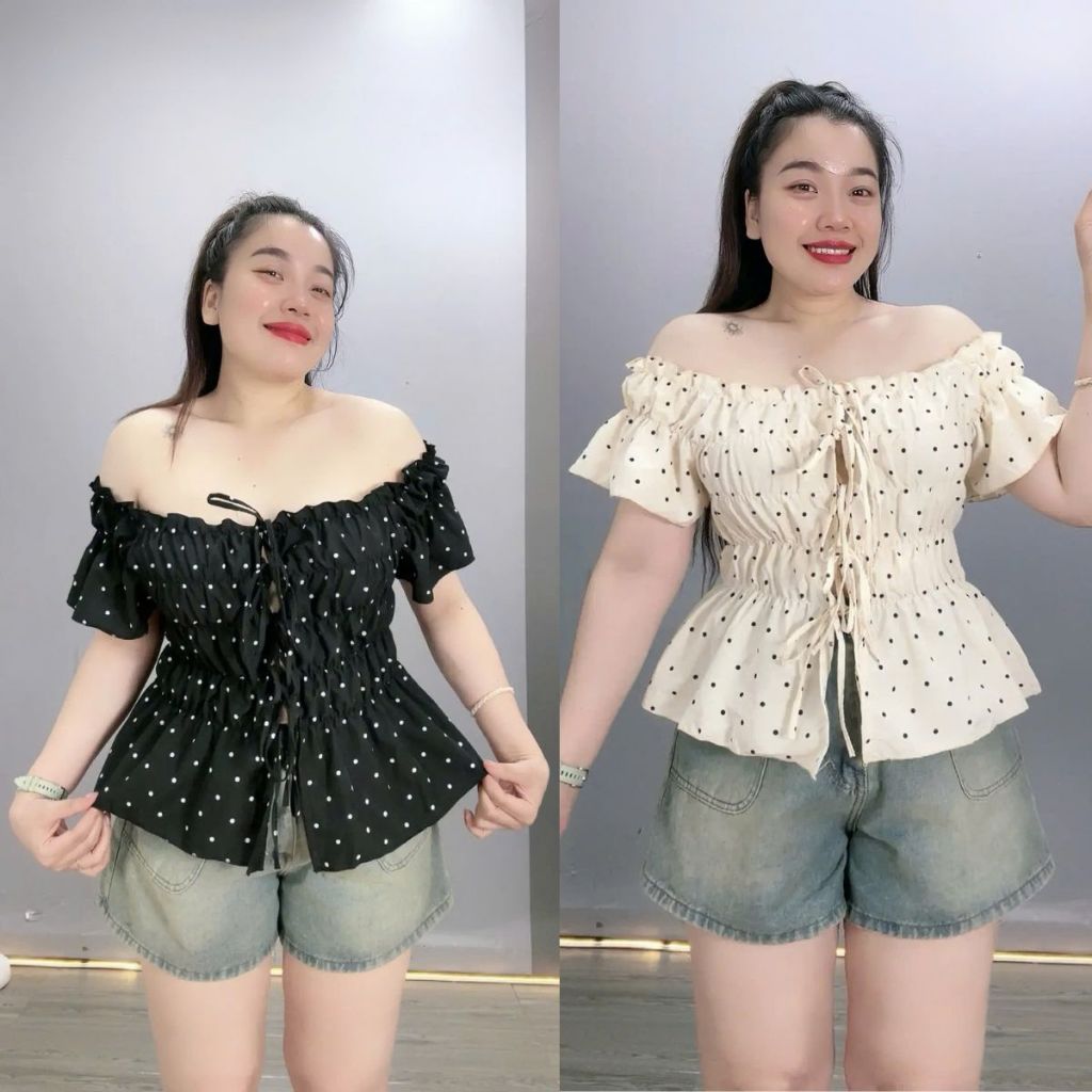  Áo Thun Kiểu Trễ Vai Bigsize Nữ Họa Tiết Chấm Bi Cột Nơ Xinh Tay Bèo Áo Kiểu Bigsize Cô Nhỏ - A295 