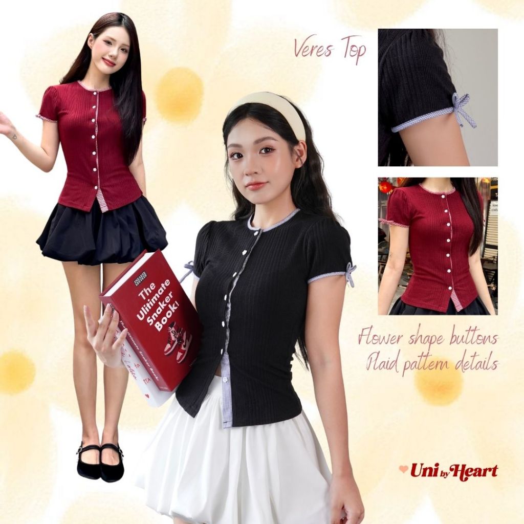 Áo thun ôm ngắn tay nữ Veres Top ACT04 phối viền caro, cổ tròn, cúc hoa cách điệu - Uni By Heart