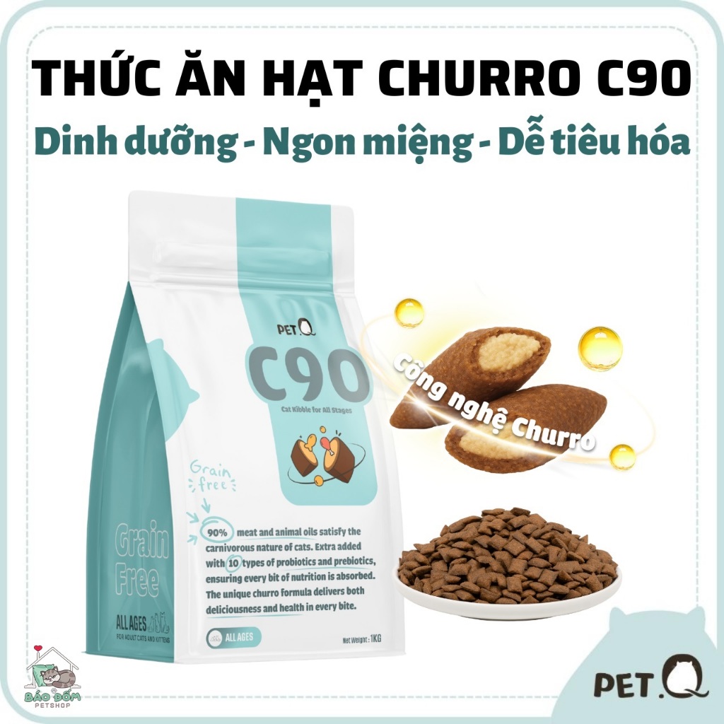 Thức ăn hạt cho mèo PetQ, Hạt Churro C90, C90K 90% từ thịt & dầu động vật cho mèo