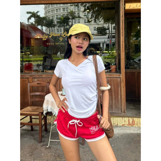 MOLLYE - BASIC TOP| Áo thun nữ tay ngắn cổ tim có túi chất cotton lụa mềm mát| Freesize dưới 60kg