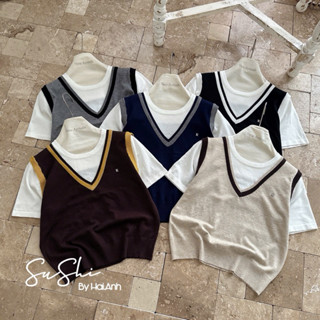  Áo len phối màu cổ V viền ngắn tay Áo kiểu phong cách tiểu thư AL16723-C3TN - NhiNhi Shop 