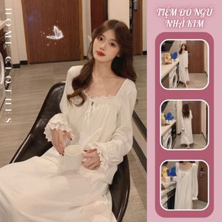  Váy ngủ đầm ngủ dài tay trắng ngọt ngào phối ren màu phong cách tiểu thư Hàn Quốc - DN053 