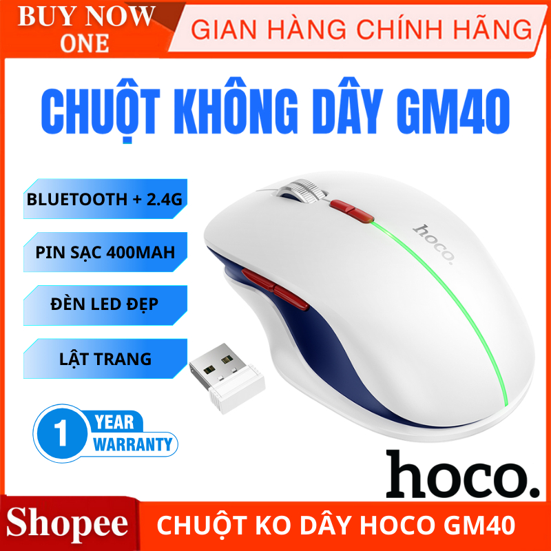 Chuột không dây Hoco GM40, chế độ kép bluetooth + 2.4G, pin sạc 400mah, tích hợp led, lật trang, điề