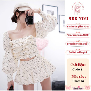 Set đồ tiểu thư dạo phố sang chảnh See You áo quây chấm bi phối bèo kèm chân váy peplum phối áo khoác cadigan tay bồng