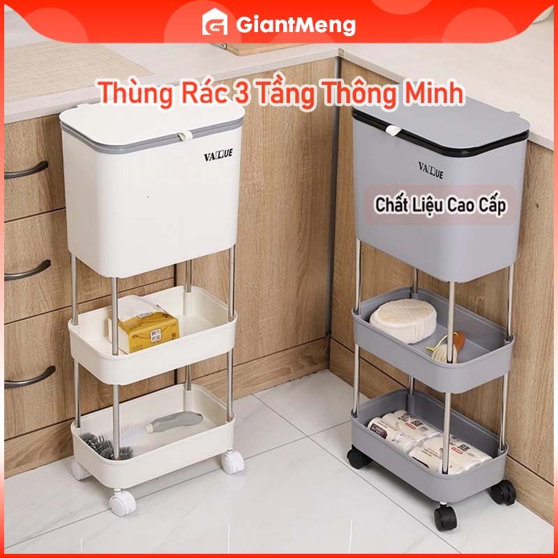 GiantMeng - Thùng Rác 3 Tầng Thông Minh Có Bánh Xe - Di Chuyển Tiện Lợi, Chất Liệu Cao Cấp