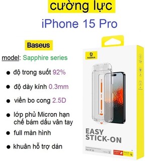 Kính cường lực iPhone 15 Pro Max/ 15 Pro Baseus Sapphire series HD full màn hình có khuôn tự dán