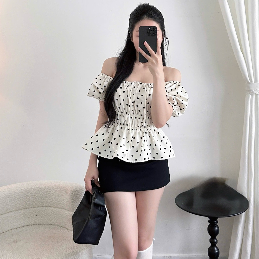 Áo Cổ Vuông Tay Ngắn Phồng Thắt Nơ Ngực Viền Bụng Chấm Bi Form Xoè Babydoll | BigBuy360 - bigbuy360.vn