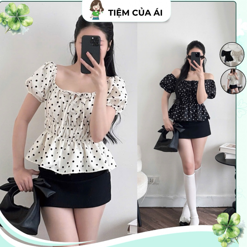 Áo Cổ Vuông Tay Ngắn Phồng Thắt Nơ Ngực Viền Bụng Chấm Bi Form Xoè Babydoll